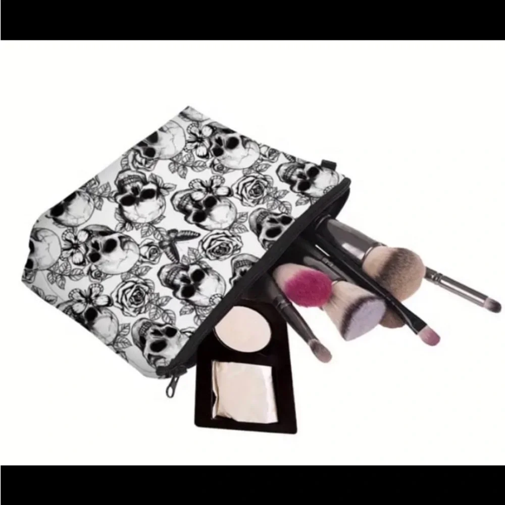 New! Printed Skull Butterfly Rose Pattern Cosmetic Bag, Waterproof Makeup Bag